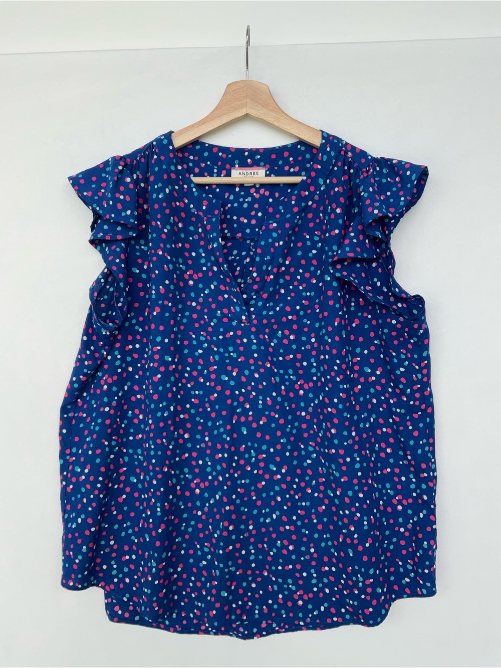 ANDREE BY UNIT Navy Flutter Sleeve Polka Dot Blouse